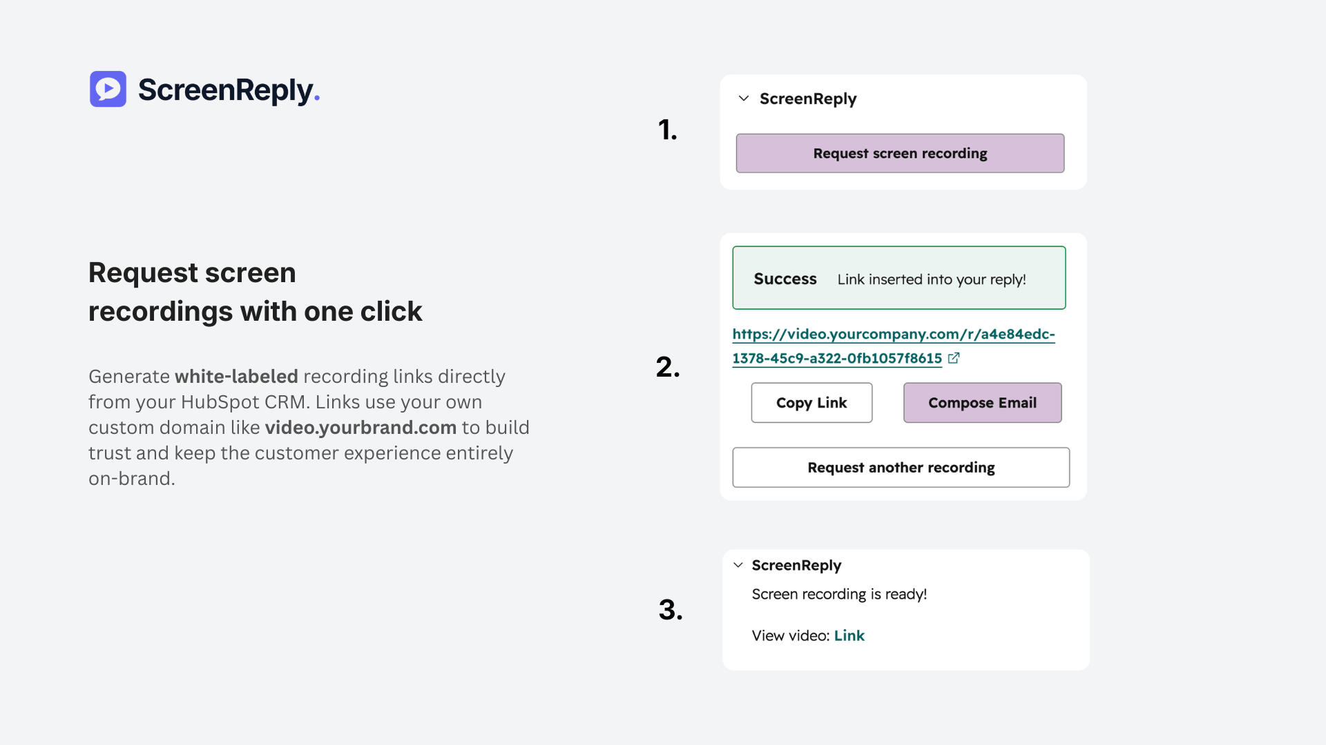 3-step workflow: request screen recording in HubSpot CRM, get custom link, and auto-sync video to the timeline