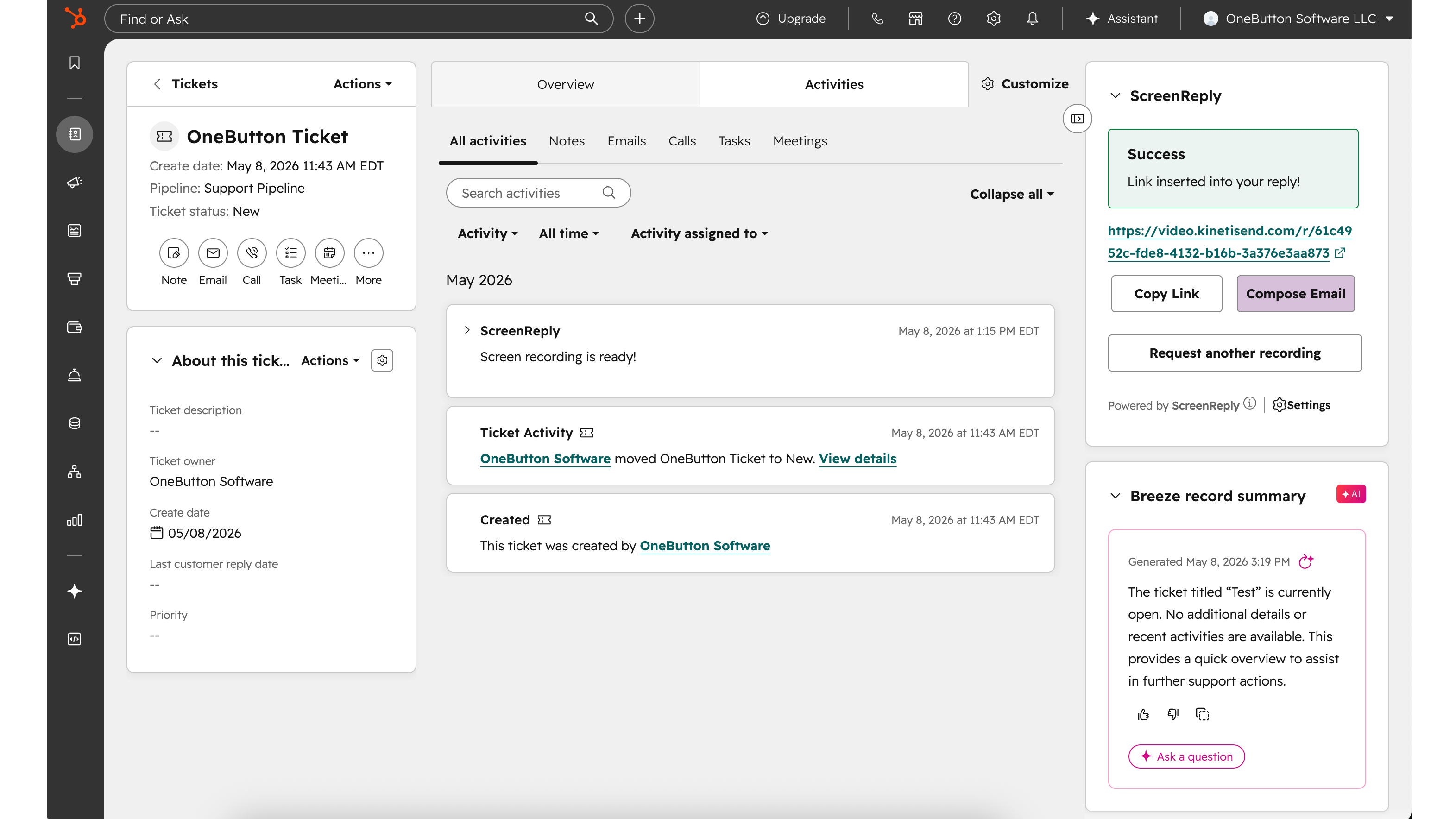 HubSpot Ticket record showing the ScreenReply widget and a logged timeline event with the ready video