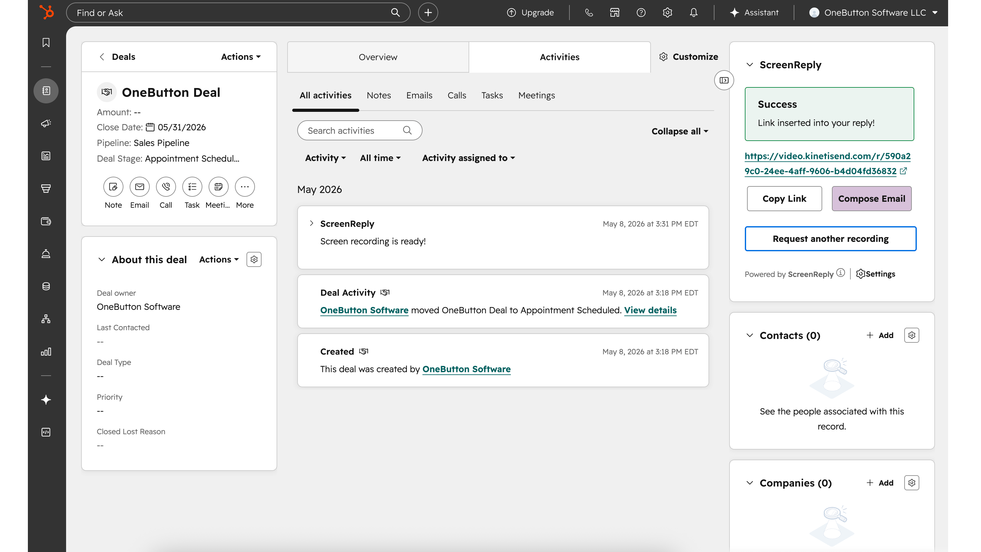HubSpot Deal record displaying the ScreenReply CRM card and an automatically logged video timeline event