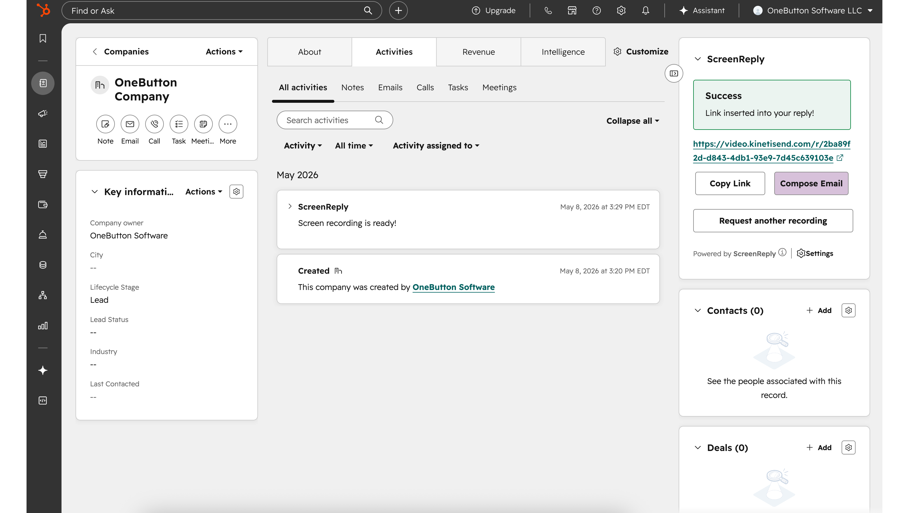 Screen recording request widget and completed video timeline event on a HubSpot Company record