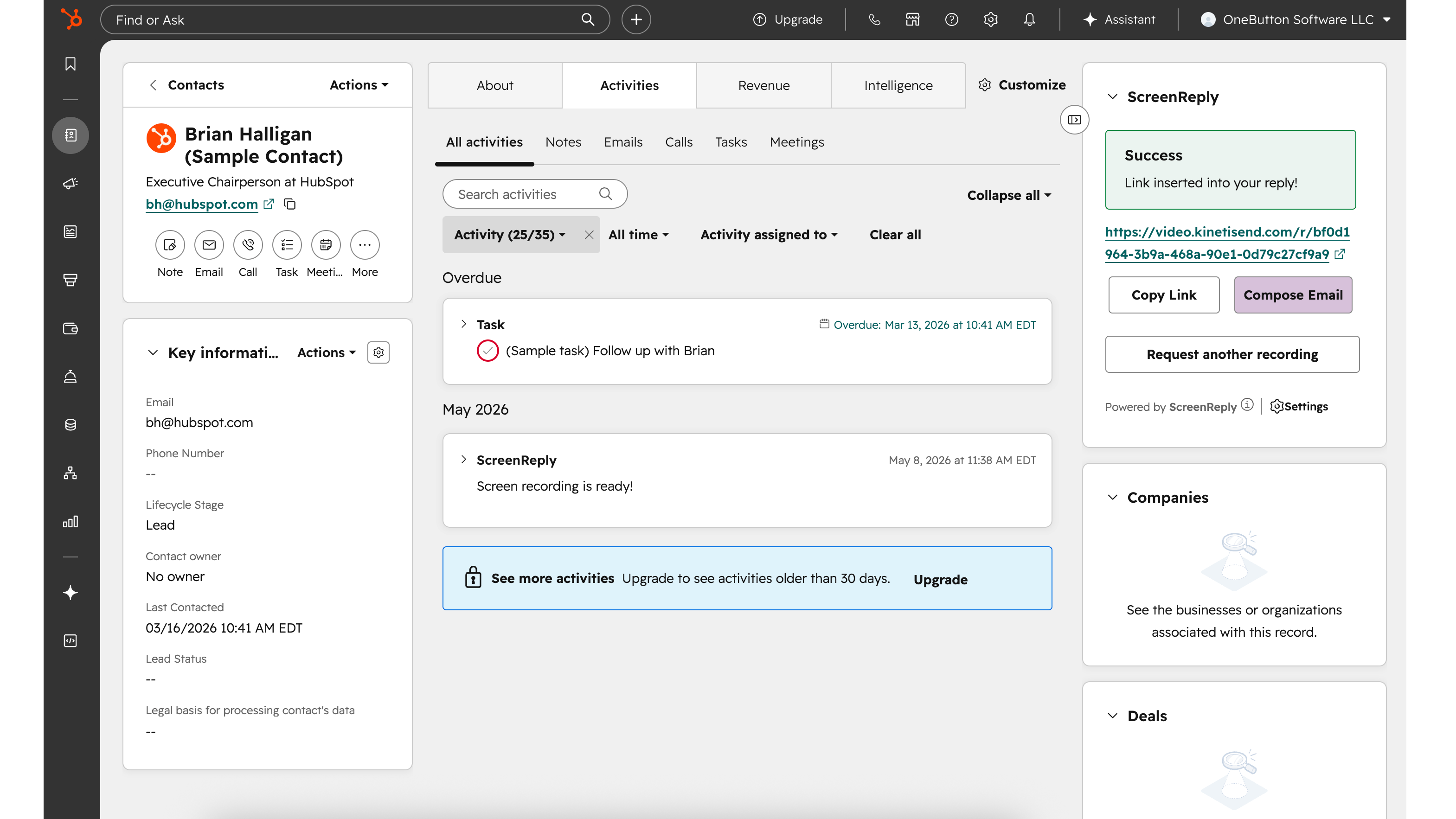 ScreenReply CRM card and timeline event with a video link inside a HubSpot Contact record